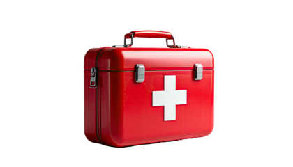 Red medical kit with white cross, isolated on black backdrop