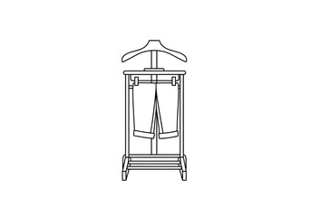 Outline drawing of a valet stand holding pants and a jacket hanger