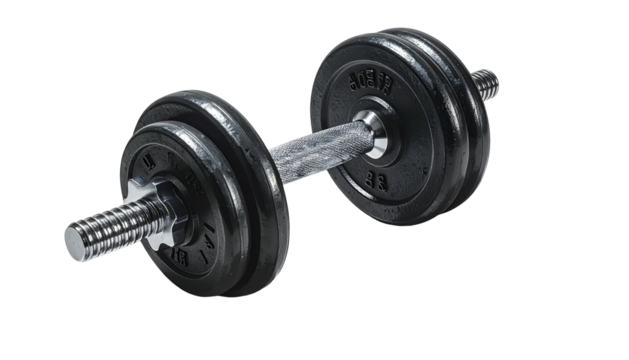 Adjustable dumbbell with iron weights against a dark background - Powered by Adobe