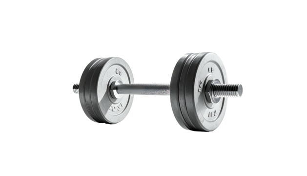 Silver dumbbell with metal plates, centered on a black background