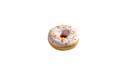 Glazed donut with colorful sprinkles against a black backdrop