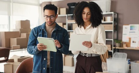 Tablet, clipboard and business people in office for supply chain, distribution or order inventory. Digital technology, checklist and logistics employees with discussion for ecommerce delivery. - Powered by Adobe