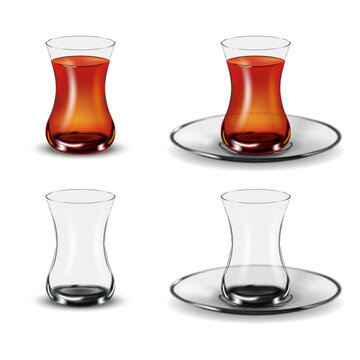 Realistic Turkish tea glass 3d vector mockup isolated on white background, set of traditional eastern glasses empty transparent and filled tea with saucers.