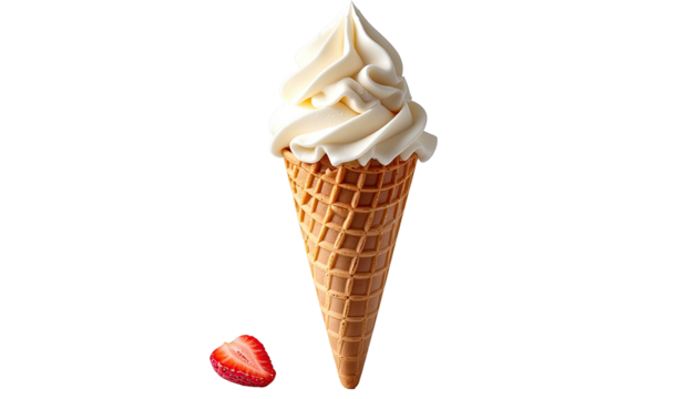 Creamy ice cream cone stands near a sliced strawberry