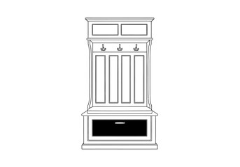 Black and white line drawing of a hall tree with storage compartments and coat hooks
