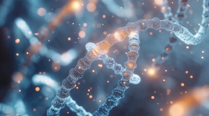 Dna helix structure with glowing particles in dark blue background