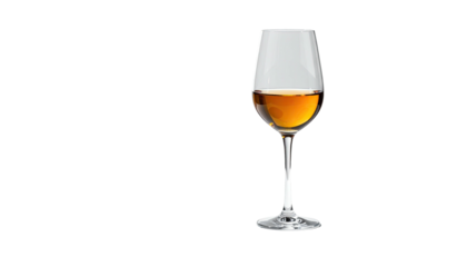 Filled glass with amber liquid, presented against black backdrop