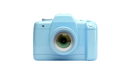 Light-blue, glossy camera on black background, lens reflecting