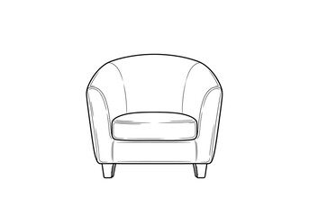 Black and white line drawing of a rounded club armchair viewed from the front