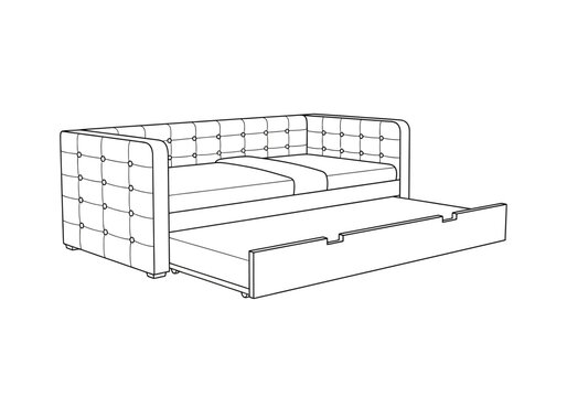 Black and white line drawing of a tufted daybed with a pullout trundle underneath