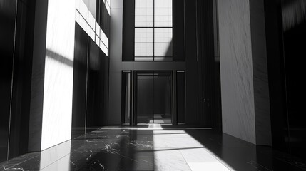Modern building lobby interior with elevator and marble