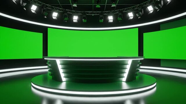 3D render of a modern empty news studio with multiple green screens and professional lighting