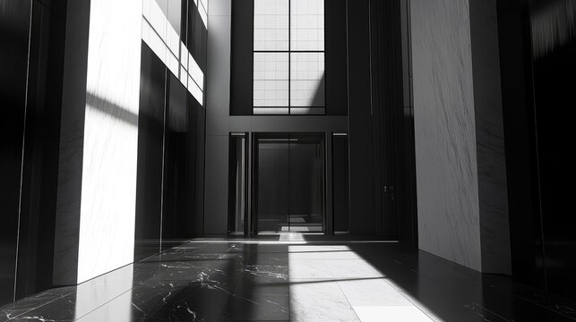 Modern building lobby interior with elevator and marble