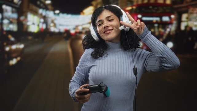 Young brunette woman wearing headset holding game controller and flashing peace sign on a busy city street; playful gaming.