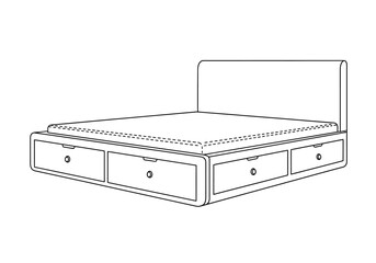 Line drawing of a bed frame with storage drawers and a headboard