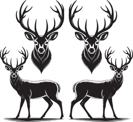 Naklejka premium Stylized Deer Silhouettes with Antlers – Vector Set of Wildlife Icons 