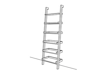 Line drawing of a leaning shelf unit with five tiers