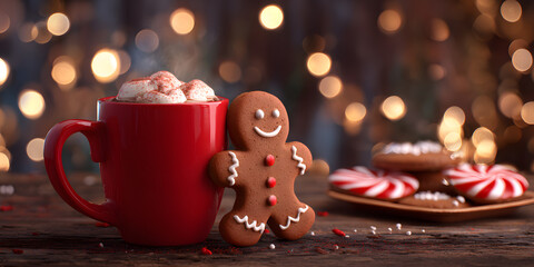 Festive Christmas scene with gingerbread man, hot chocolate with whipped cream, and cookies on a wooden table with bokeh lights. Food concept.