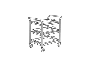 Line drawing of a threetiered utility cart holding three serving trays