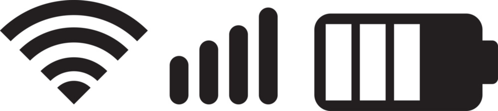 wifi, Signal strength and battery icon. Battery, WiFi, and mobile network icon vector. connectivity improvements and power status rising symbol. Collection of icons representing battery level, signal 
