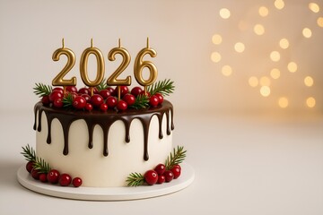 A festive cake with chocolate icing, cranberries and candles in the shape of the numbers 2026 on a festive background with copy space
