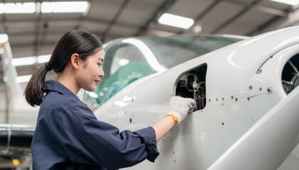 Avionics Technician at Work: An skilled female technician meticulously inspects the intricate avionics of a modern aircraft. Focused on maintenance and care