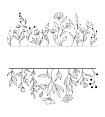 Decorative Floral Border Vector Design Images, Title Name Border flower Hand Draw Decoration, Name Border, leave Hand Draw. branch frame with black flowers. Hand drawn mono line floral background.