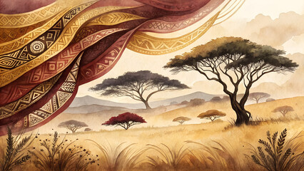 Watercolor background of African textiles, vibrant and cultural, Kwanzaa celebration, deep gold, brown, and burgundy patterns, with copy space