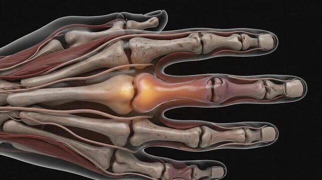 Detailed 3D Medical Animation of the Human Hand Phalanges and Metacarpals Showing Muscular and Skeletal Structure with Highlighted Joint Inflammation on Dark Background