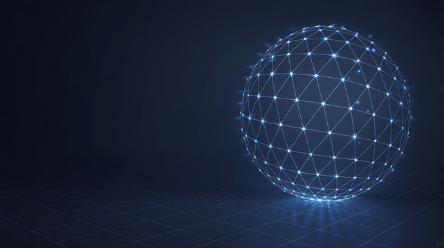 Abstract glowing digital sphere with interconnected nodes and lines on a dark background