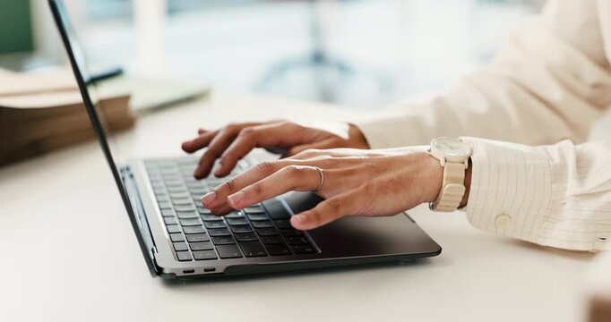 Typing, creative and hands with laptop in office, copywriter and research for email marketing on web. Online, person and copywriting with technology, ad campaign and editing blog post or project