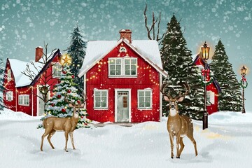 christmas reindeer in the snow christmas house watercolor outdoor, winter tree, festival, vintage, card, wall art, hand drawn illustration