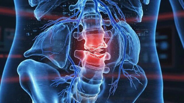 Detailed 3D medical animation of the human spine and nervous system showing lumbar vertebrae inflammation with red glowing nerve pathways and blue skeletal structure