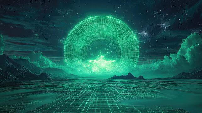 Futuristic glowing grid portal on alien landscape
