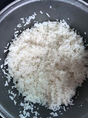 rice in a black bowl