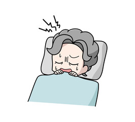 睡眠中にうなされている高齢女性のイラスト