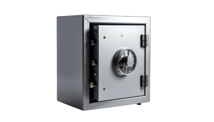 Silver safe, door slightly ajar, on a black background