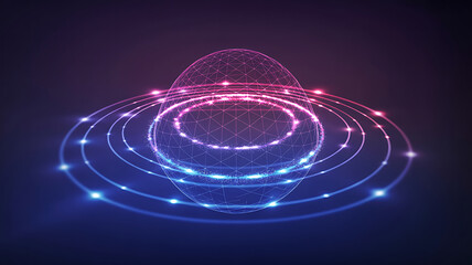 Abstract futuristic glowing geometric shape with concentric circles and a spherical top