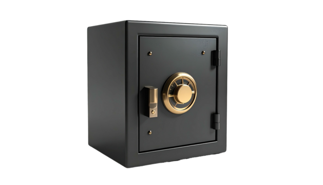 Dark safe with golden lock against stark black backdrop