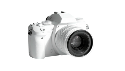 Crisp, clean, white DSLR camera on black background