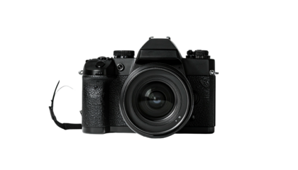 Sleek, black DSLR camera isolated on a solid black background