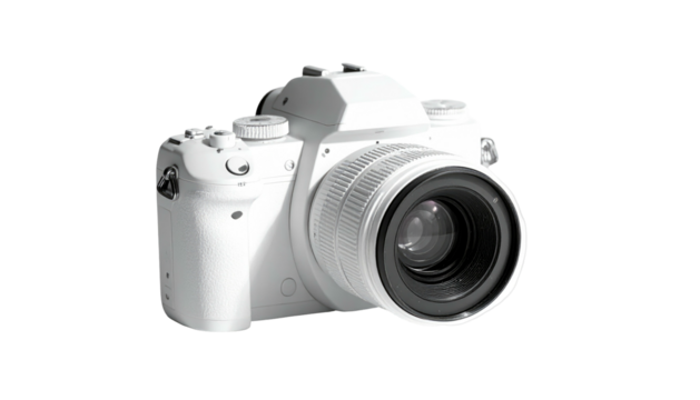 Crisp, clean, white DSLR camera on black background
