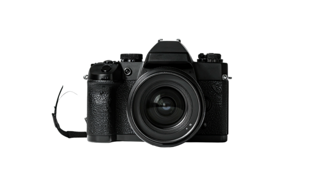 Sleek, black DSLR camera isolated on a solid black background