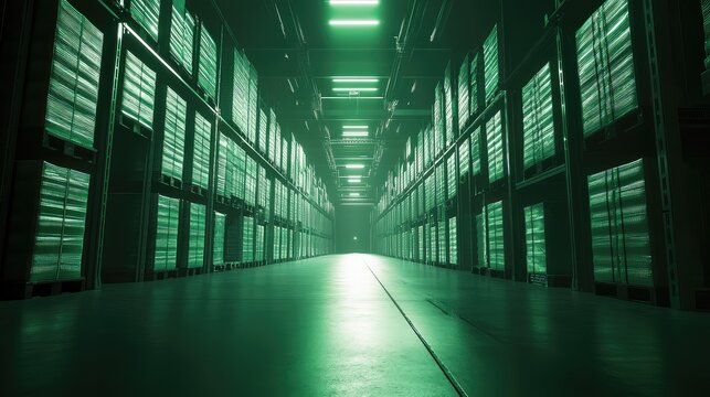 Futuristic green warehouse storing global digital data
