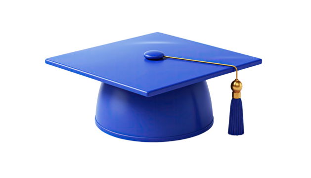 Blue graduation cap with a gold tassel on a black background