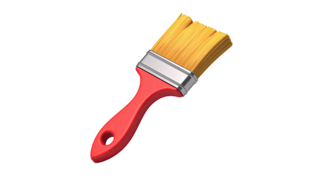 Red-handled paintbrush with yellow bristles against black backdrop