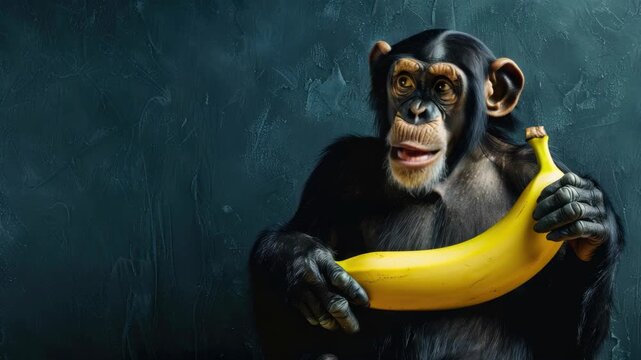 Chimpanzee holding banana against dark textured background