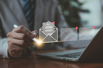 Newsletter notification and open mail from the laptop. concept of correspondence, and news for campaign marketing. icon email, business communication, send information in a digital