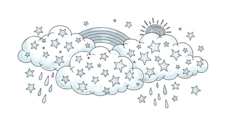 Obraz premium Hand Drawn Whimsical Cloudscape with Stars, Raindrops, Rainbow, and Sun