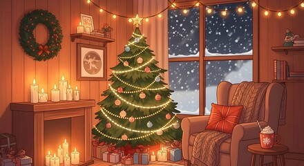 Warm cozy Christmas scene illustration, decorated tree, candles, glowing fairy lights, soft snow outside the window, warm orange lighting, aesthetic cute style, high detail, perfect for wallpapers and